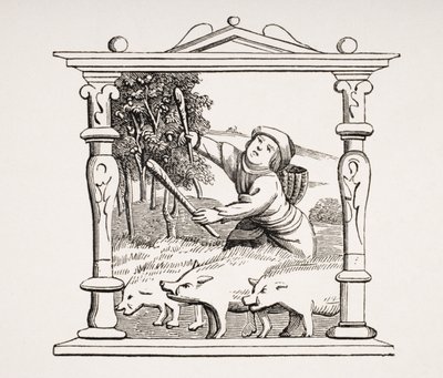 Swineherd with his herd of pigs, reproduction after a calendar in a book of hours, from 